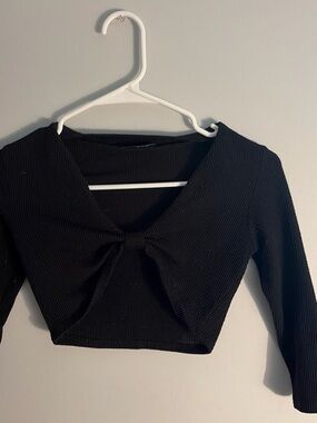 Jade Black Ribbed Tie-Front Long Sleeve Crop Top